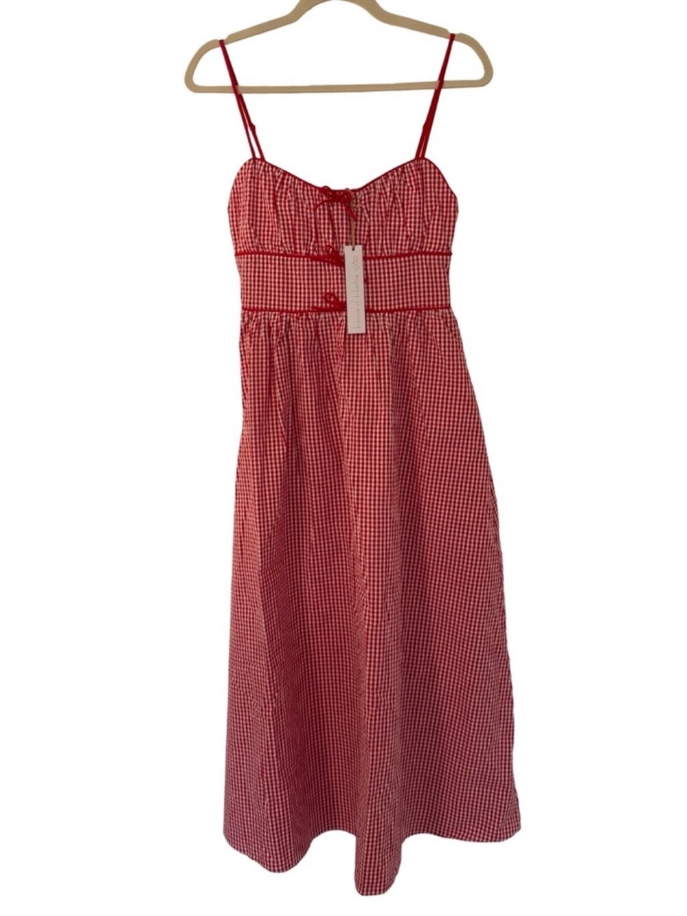 House of Harlow 1960 Gingham Seersucker Smocked Maxi Dress Red White M NWT - Picture 2 of 9